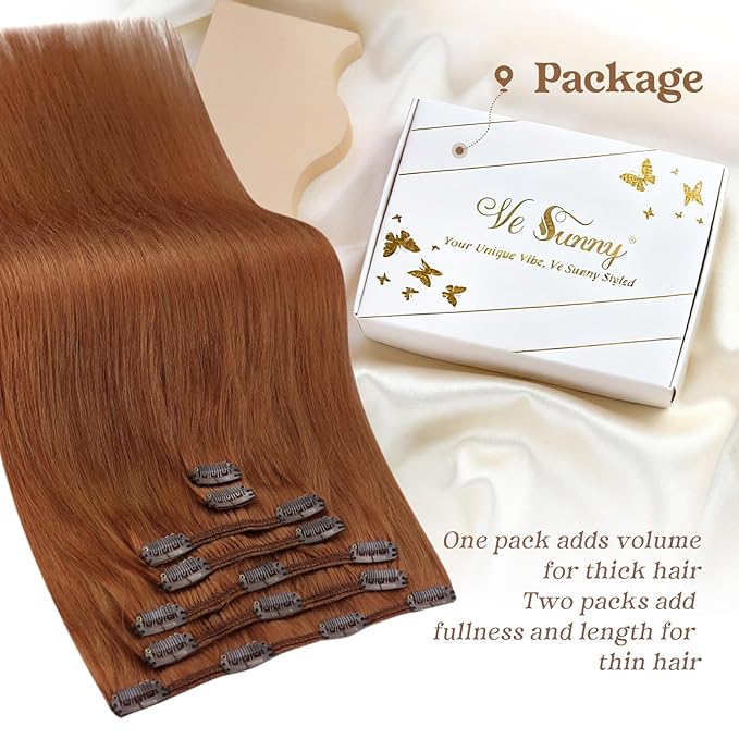 Ve Sunny Clip in Hair Extensions Real Human Hair Ginger Copper Real Hair Extensions Clip in Human Hair Double Weft Remy Hair Extensions for Women 5pcs 12 inch 80g