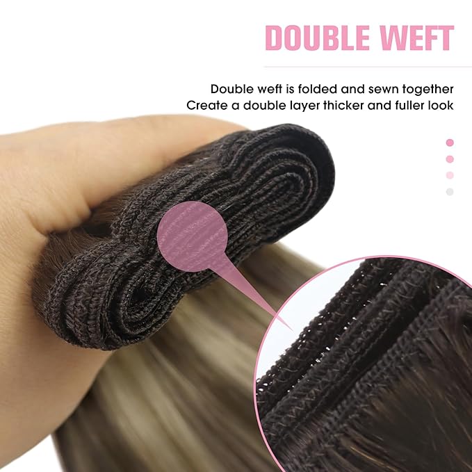 YoungSee Sew in Hair Extensions Balayage Hair Weft Extensions Chocolate Brown with Ash Blonde Balayage Human Hair Extensions Sew in Thick Remy Hair 14Inch 100G