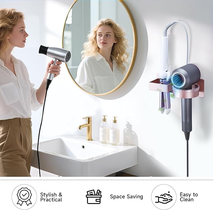 Blow Dryer Holder Wall Mounted, Hair Straightener Holder, Hair Dryer Holder Adhesive, Hair Tool Organizer for Flat Iron, Hairdryer, Curling Iron Holder for Bathroom Vanity Barber Shop (Rose Gold)