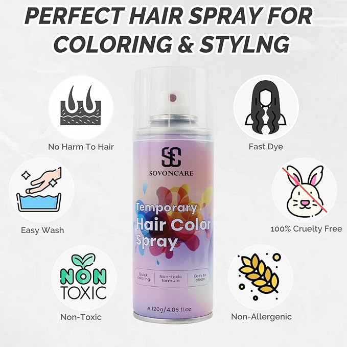White Temporary Hair Color Spray, SOVONCARE Natural Hair Wax Dye Spray for Kids Halloween, Christmas Party, Cosplay -On 1-Day Washable 120ML