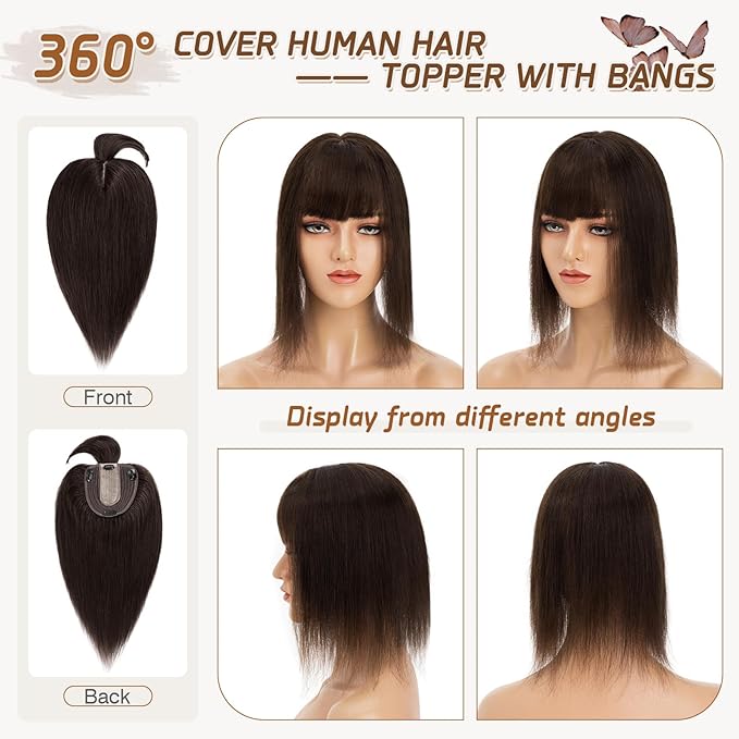 Rich Choices Real Human Hair Toppers for Women With Bang 100% Remy Human Hair Topper for Thinning Hair Clip in Silk Base Hair Topper 14 Inch #2 Dark Brown