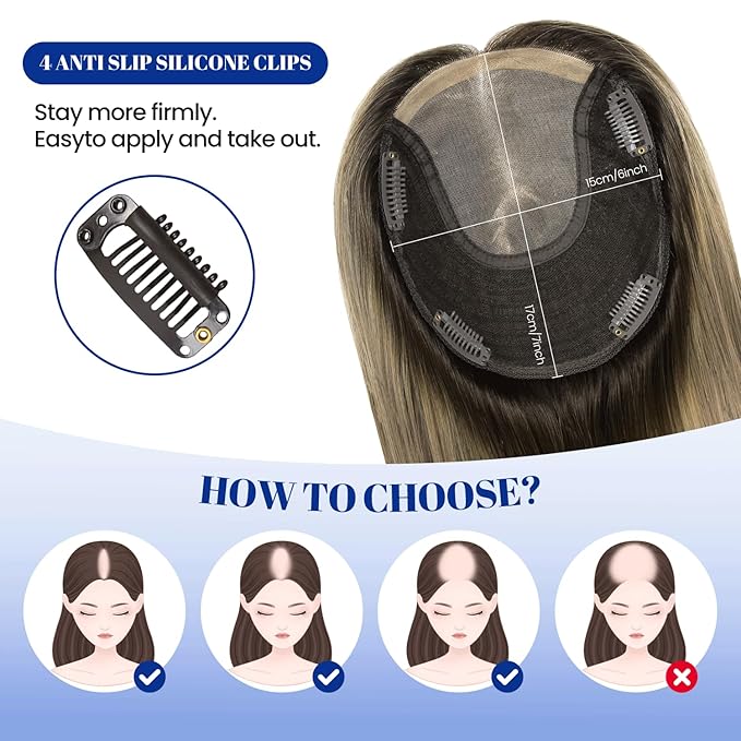 WORLDSTAR Hair Topper with No Bangs, 360° 3D Cover Toppers for Women Real Human Hair, 12Inch,6 * 7 Inch Base,55g,#2/6/18 Dark Brown to Chestnut Brown and Dirty Blonde, Clip in Topper (tp#2/6/18-12)