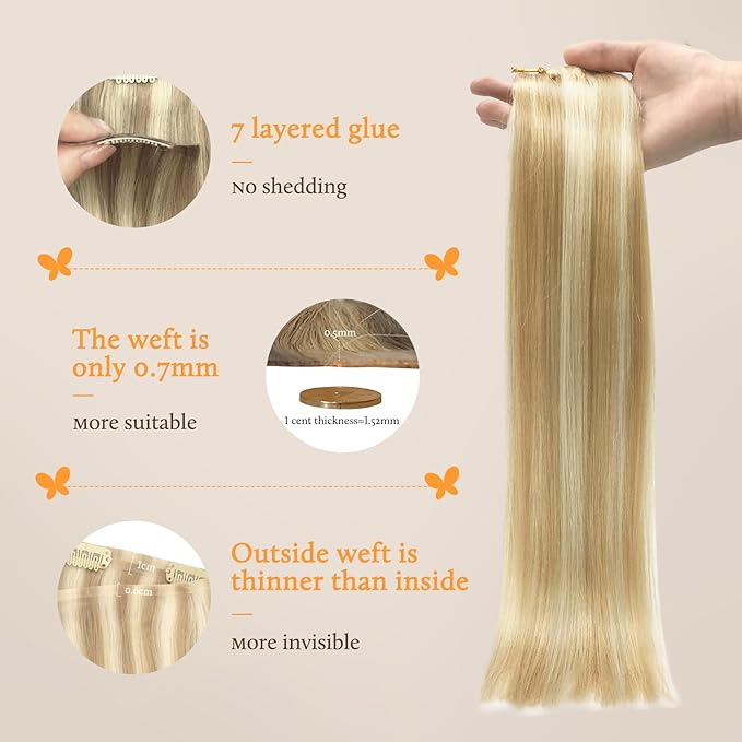 DOORES Clip-in Hair Extensions, Dark Blonde Highlighted Bleach Blonde 110g 7pcs 14 Inch, Seamless Clip-in Real Human Hair Skin Weft Straight Invisi Edge Extensions