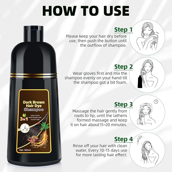 Dark Brown Hair Dye Shampoo 3 in 1 for Gray Coverage for Women/Men, Color Shampoo Instant Herbal Ingredients Semi Permanent