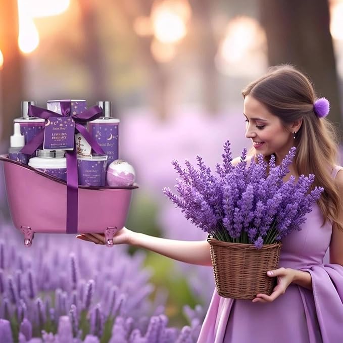Bath Basket Spa Kit Spa Gifts for Women, Luxury Bath and Body Basket Set 10pcs Self Care Kit Lavender Scent Birthday Gifts Skin Care Set, Christmas Gifts for Women, Beauty kits Bridal Shower
