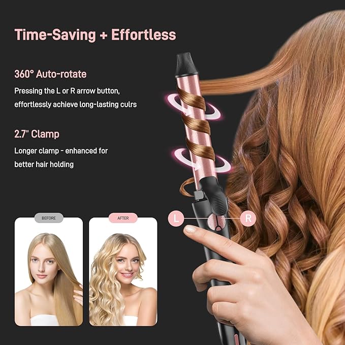 Rotating Curling Iron - 3 in1 Automatic Curling Irons with Interchangeable CurlingWand, 3/4, 1 1/4, 1 Inch for Lasting Beach Waves, Adjustable Temp, Instant Heat, Dual Voltage (Rose Gold)