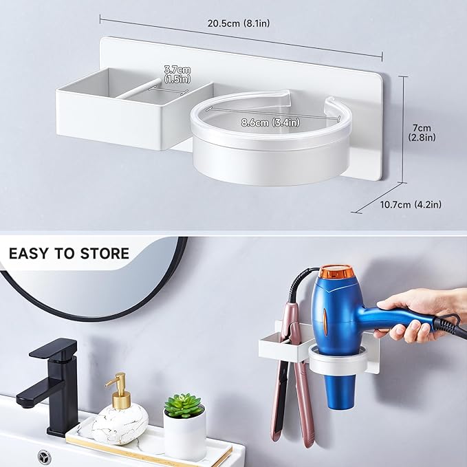 Blow Dryer Holder Wall Mounted, Hair Straightener Holder, Hair Dryer Holder Adhesive, Hair Tool Organizer for Flat Iron, Hairdryer, Curling Iron Holder for Bathroom Vanity Barber Shop (White)