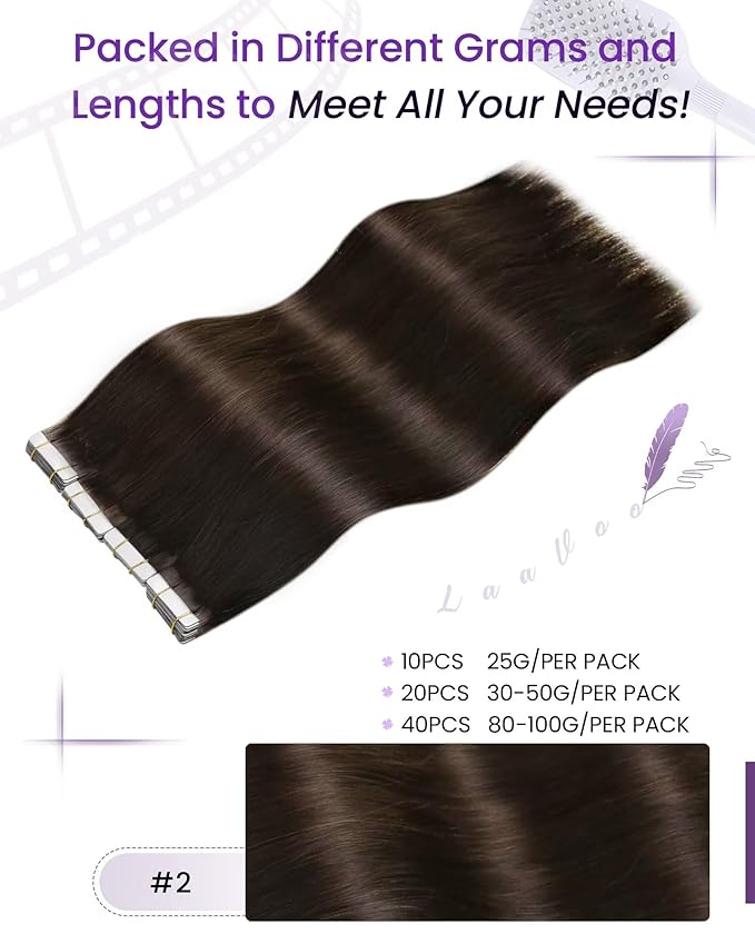 LaaVoo Brown Tape in Hair Extensions Human Hair 16 Inch Real Hair Extensions Tape in #2 Brown 20pcs 40g