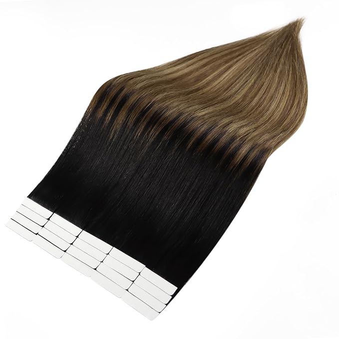 Full Shine Seamless Tape in Hair Extensions Human Hair Skin Weft Tape in Human Hair Extensions Black 1B Fading to 6 and 27 Blonde Invisible Tape in Hair Extensions 22 Inch Tape Extensions 20 Pcs 50G