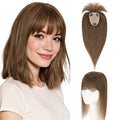Hairro Human Hair Toppers with Wispy Bangs, 3.5x4.7" Hand-wovened Base for Women with Thinning Hair, Lightweight & Breathable Realistic Scalp, Clip-in Hairpieces for Easy Wear, 9 Inch Cocoa Brown