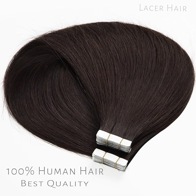 Lacer Dark Brown Hair Extensions Tape in Double Sided Skin Weft Invisible Tape in Hair Extensions Human Hair Seamless Straight 24 Inch 100G 40Pcs
