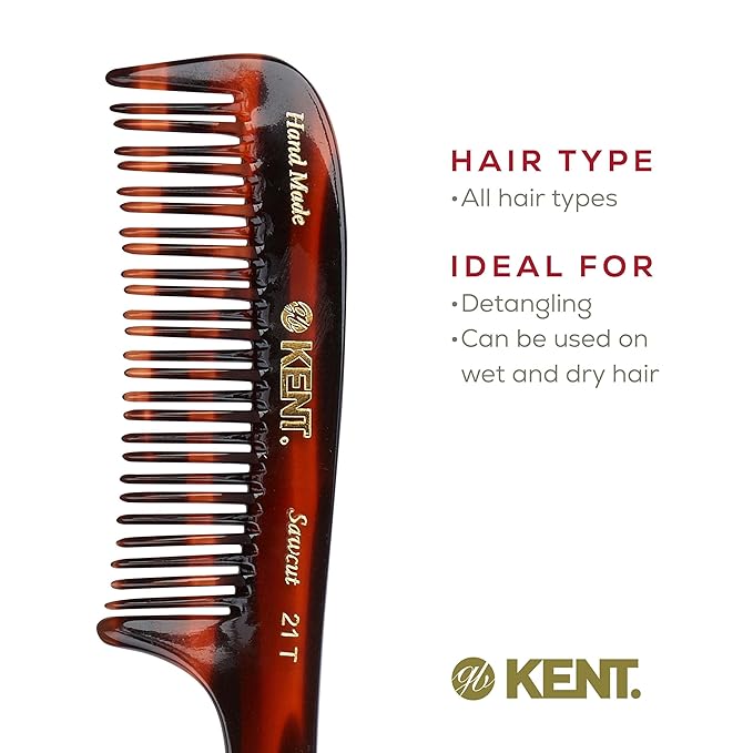 Kent 21T Large Hair Detangling Comb, Double Teeth Wide Tooth Comb for Curly Wavy Hair, Saw-Cut and Handmade (7.5")