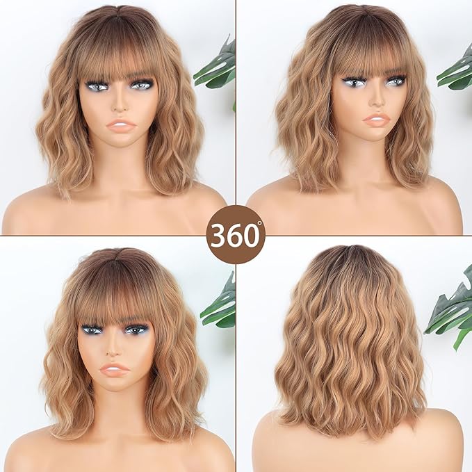 MISSQUEEN Short Blonde Wig with Bangs Synthetic Curly Wavy Ombre Blonde Wigs for Women Bob Wavy Wig Daily Use