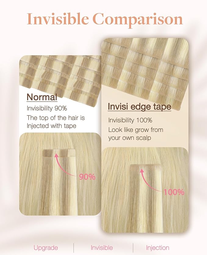 GOO GOO Invisi Edge Tape in Hair Extensions Human Hair, 18A/613A Dark Blonde Highlighted Bleach Blonde, 10pcs 14inch 25g, Virgin Remy Hair, Seamless Injected Tape, Natural Look