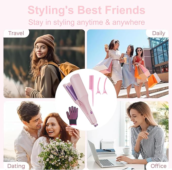 Waver Hair Crimper, 1.25 Inch Curling Wands with Ceramic 3 Barrels, 4 Temp Settings, Heat Resistant Glove, Fast Heating Crimper Hair Iron for Short and Long Hair (Pink)