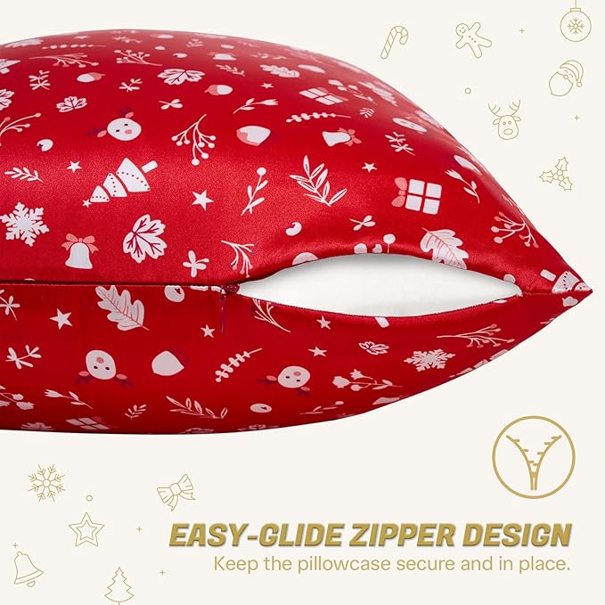 THXSILK Christmas Style 6A+ Grade Mulberry Silk Pillowcase for Hair and Skin, 22 Momme 100% Pure Silk Pillow Case with Hidden Zipper, Christmas Holly Printed Pillow Cover, Red， Queen