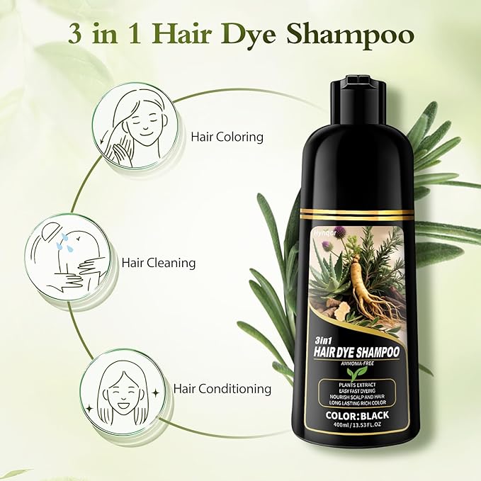 Black Hair Dye Shampoo, Ammonia Free Natural Herbal Ingredients Black Hair Dye for Women Men Gray Hair Coverage, Semi-Permanent Hair Color Shampoo
