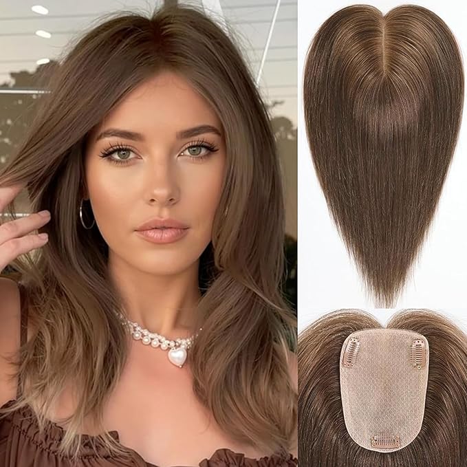 starluck Human Hair Toppers for Women Real Human Hair No Bangs 4 * 5.5 inch Base 12 inch SilkHug Hair Topper for Women Cover Grey Roots(Medium Brown)