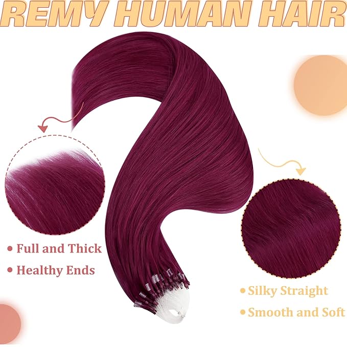 YoungSee Micro Bead Hair Extensions Human Hair Magenta Microlink Hair Extensions 24 Inch Micro Loop Hair Extension Real Human Hair Rosein 50s/50g for Party
