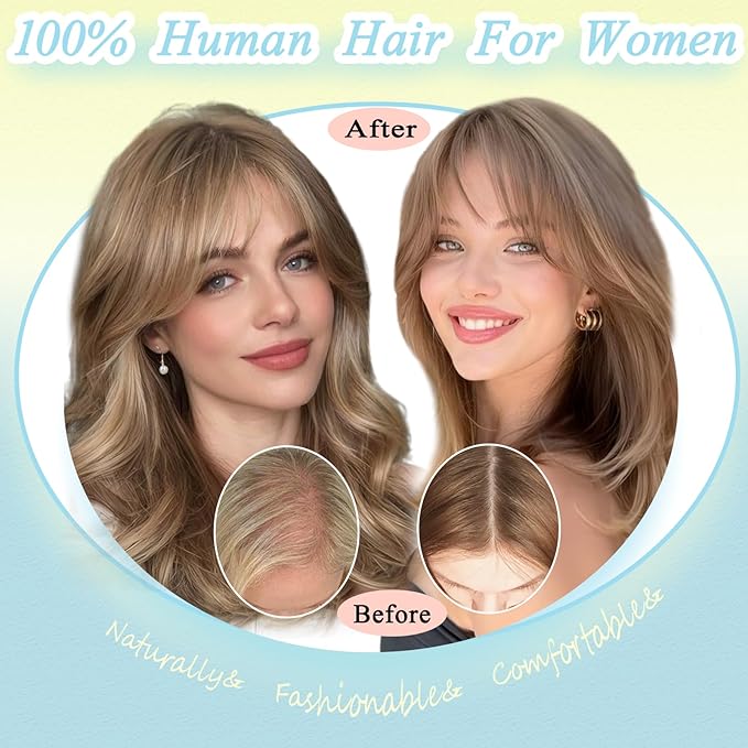 Hair Toppers for Women Real Human Hair, 360° 3D Toppers Pieces for Women with Thinning Crown Wispy Bangs 14 Inch Upgrade Big Basement (Black, 14 Inch Wispy Bangs)