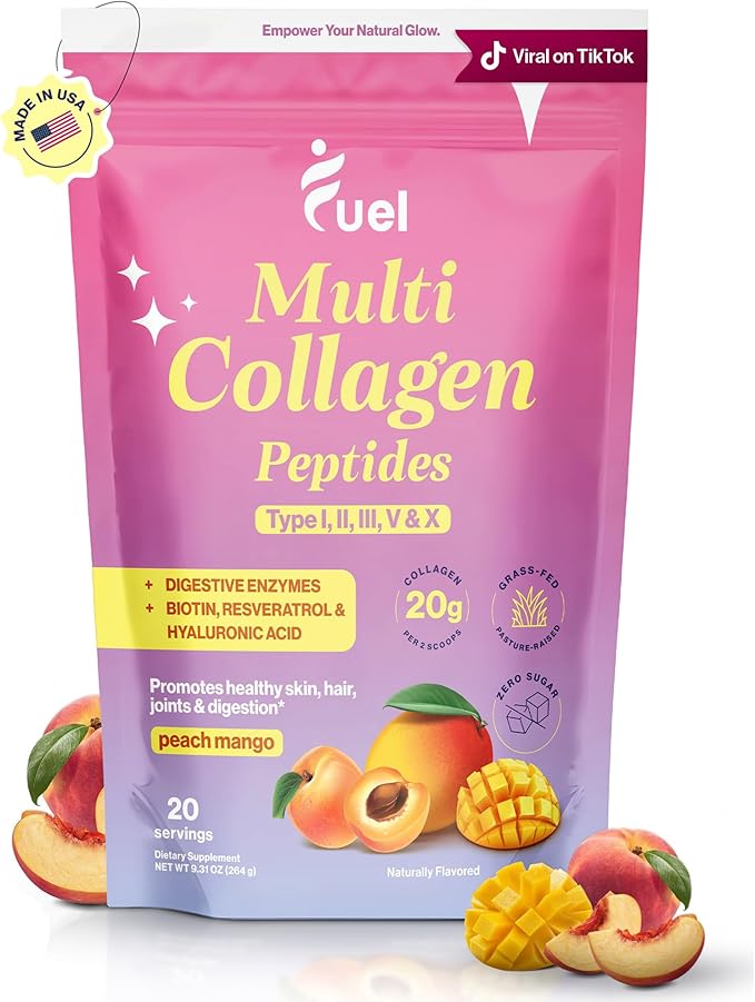 Fuel Multi Collagen Peptides Powder – 20g Hydrolyzed Collagen I, II, III, V & X for Hair, Skin, Nails & Joint Support – Better Absorption – Keto & Gluten Free, Peach Mango, 9.31oz