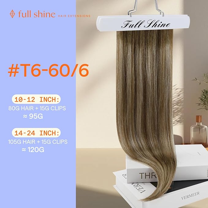 Full Shine Clip in Hair Extensions Human Hair Brown Balayage Hair Extensions Clip ins Real Human Hair Brown Ombre Platinum Blonde Clip in Extensions Straight 16 Inch 7 Pcs 120 G