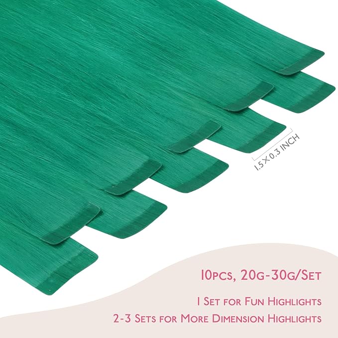 WENNALIFE Tape in Hair Extensions Human Hair Green Tape in Extensions, 10pcs 30g 22 inch Remy Invisible Tape Ins Straight Colored Soft Real Human Hair Tape in Extensions Refill Set Extensions