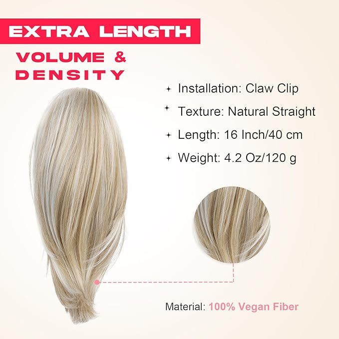 Ponytail Extension – 16” Claw Clip in Ponytail Hair Extensions Natural Soft Synthetic High Pony Tail Hairpieces for Women (Ash Blonde with Highlights, 16 inch)