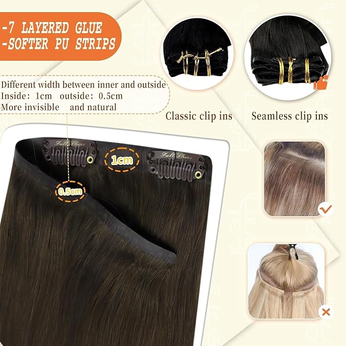 Full Shine Clip in Hair Extensions 18 inch 140g 8Pcs Seamless Hair Extensions Clip in Dark Brown Remy Hair Clip ins for Women PU Skin Weft