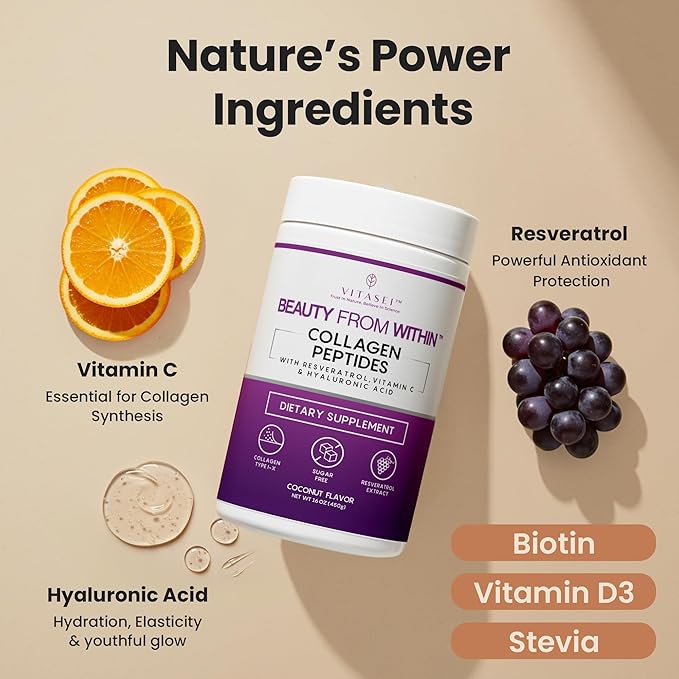 VITASEI Hydrolyzed Collagen Peptides Powder with Resveratrol & Vitamin C – Hair, Skin & Joint Support with Hyaluronic Acid – Colágeno Hidrolizado for Women & Men – Coconut Flavor, 16 oz (30 Servings)