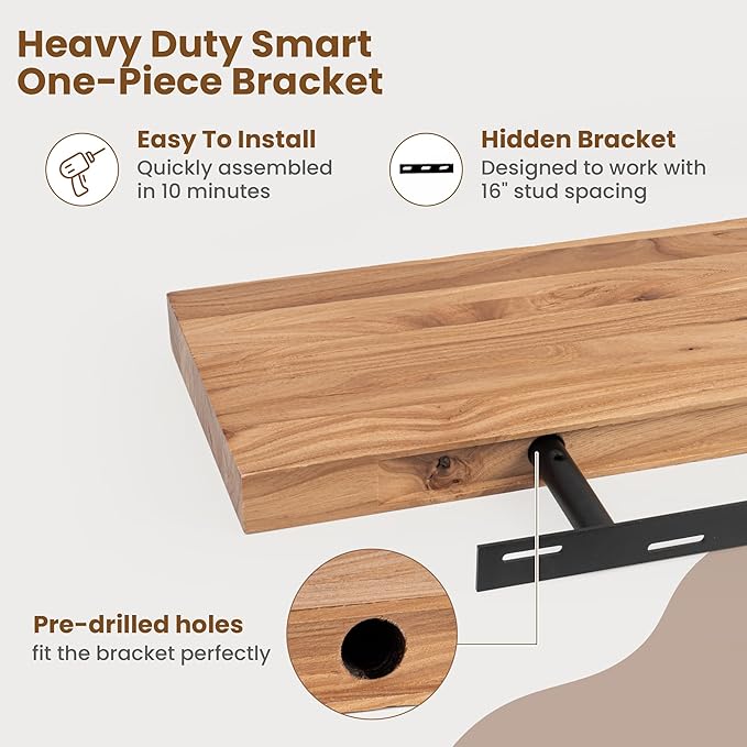 Floating Shelves for Wall Decor, 8" Deep Rustic Solid Elm Wood Floating Shelves Wall Mounted, Wall Shelves with Invisible Bracket for Living Room Bathroom Bedroom Kitchen, 36 Inch Set of 2, Natural