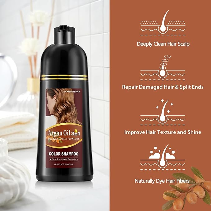 Dark Brown Hair Dye Shampoo, Argan Oil Hair Color Shampoo for Men & Women, 3 in 1 Hair Dye Shampoo 16.9 Fl Oz, Easy to Use, Shampoo Para Canas for Gray Hair Coverage