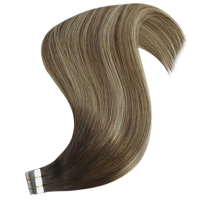 YoungSee Invisible Tape in Hair Extensions Balayage Human Hair Tape in Extensions Ombre Seamless Tape-in Extension Real Human Hair Brown Balayage with Blonde Human Hair Extension Tapein 24 Inch 20pcs