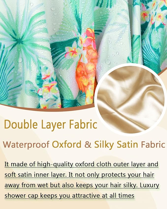 Large Shower Caps for Women Reusable Waterproof Satin Lined Shower Cap with Adjustable Band Double Layer Design Luxury Washable Bath Hair Bonnet (Pineapple Palm)
