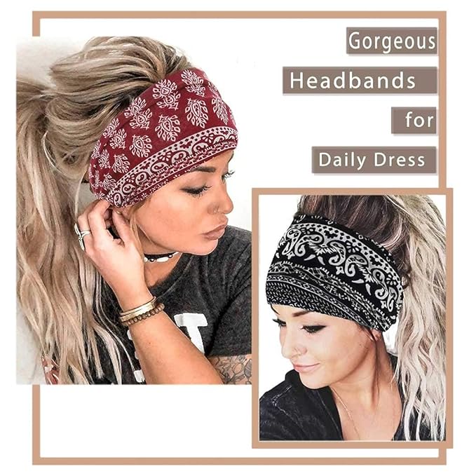 Yeshan Wide Bandana headbands for Women Boho Bandeau Headband Knot Hair Scarf Bands Stretch Floral Printed Non Slip Head bands Elastic Turban Head Wraps Thick African Headband,Pack of 6