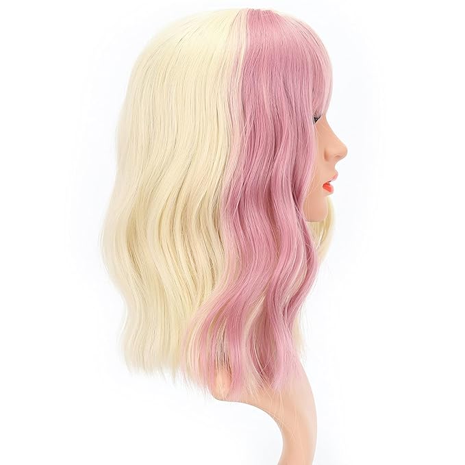 FAELBATY Short Blonde Wig Highlight Pink Wigs With Bangs Women's Blonde Mixed Pink Bob Wig Curly Wavy Synthetic Cosplay Wig Shoulder Length Wig for Girl's Costume Wigs(12" blonde mixed pink)