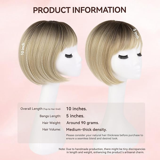 LEEONS Hair Toppers for Women with Bangs Short Bob Synthetic Pieces for Thinning Hair Side Part (Blonde Mixed Light Blonde and Dark Brown Root)