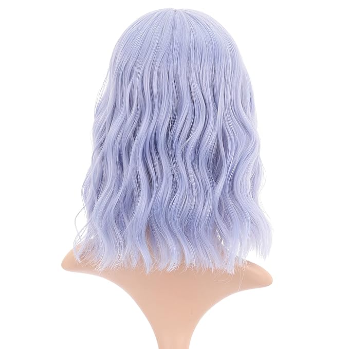 FAELBATY Light Blue Wave Bob Wigs With Bangs Synthetic Cosplay Wig for Women Girls Shoulder Length Costume Wigs Mixed Blue(12" Light Gray Blue)