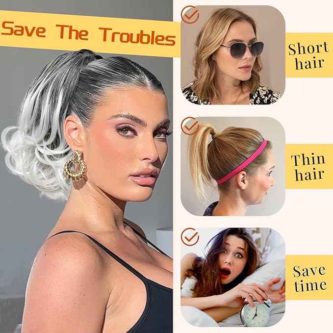 KooKaStyle Ponytail Extension, 10" Short Claw Clip in Pony Tails Hair Extensions Curly Wavy Synthetic Drawstring Hairpieces for Women(Grey Black with White ends)