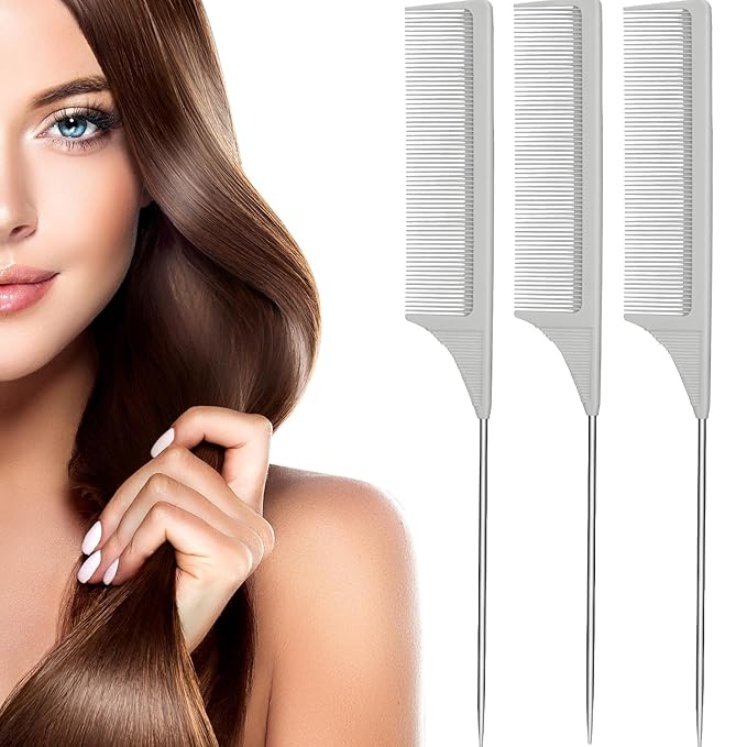 Leinuosen 3 Packs Rat Tail Comb Steel Pin Rat Tail Carbon Fiber Heat Resistant Teasing Combs with Stainless Steel Pintail (Gray)