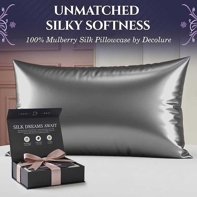 DECOLURE 100% Pure Mulberry Silk Pillow Case Standard Size – Highest Grade 30 Momme 6A+, Luxuriously Soft & Cooling Silk Pillowcase for Hair & Skin, Hypoallergenic, Breathable, Hidden Zipper (Grey)