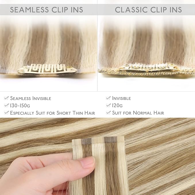 WENNALIFE Seamless Clip In Hair Extensions, 16 Inch 7pcs 130g Ash Brown with Platinum Blonde Highlights Hair Extensions Clip In Real Human Hair Extensions Invisible PU Weft Hair