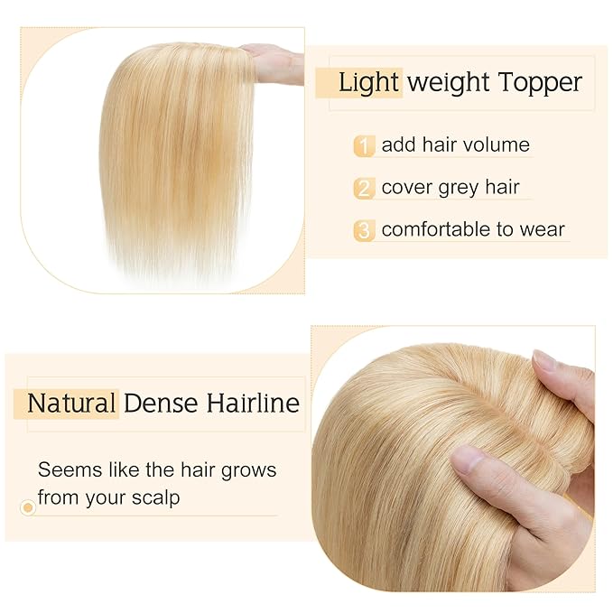 SEGO Human Hair Toppers for Women With Thinning Hair, 7 * 13CM Silk Base 100% Real Human Hair Clip in Top Wiglet Hairpieces -10 Inch No Bangs Ash Blonde&Bleach Blonde