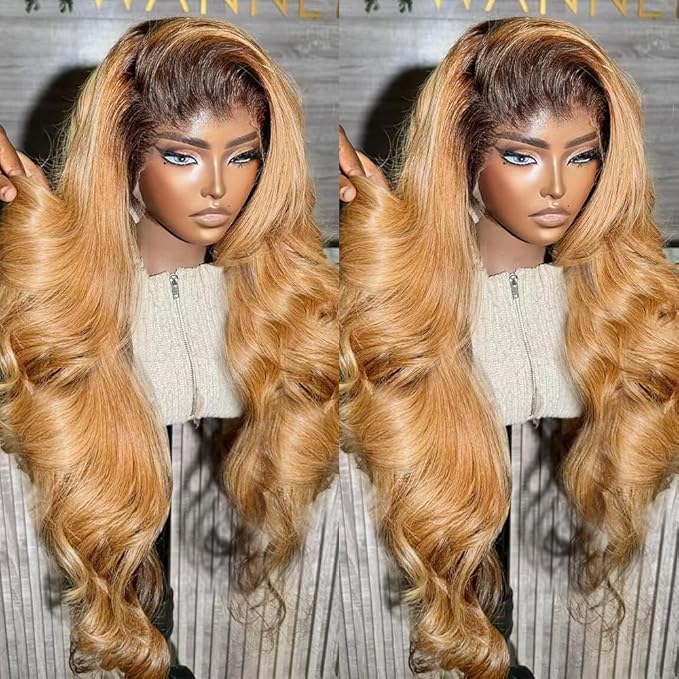Honey Blonde Lace Front Wigs Human Hair 13x6 Ombre HD Transparent Lace Frontal Wig 12A Body Wave 1B/27 Highlight Lace Front Wigs Human Hair Wigs for Women Pre Plucked with Baby Hair 22inch