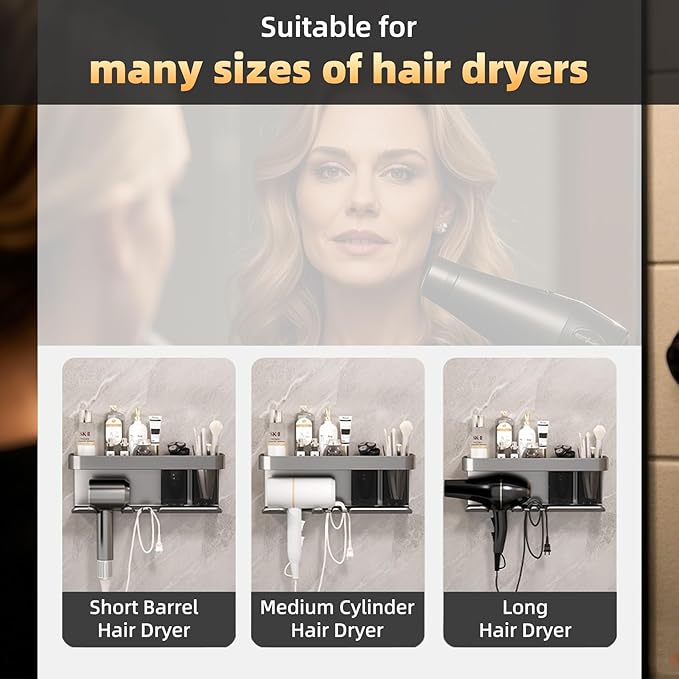 Wall-Mounted Hair Dryer Holder, Blow Dryer Holder, Space-Saving Bathroom, Bedroom Organizer Hair Dryer Stand for Home, Dorm, Salon Includes 5 PCS Carbon Steel Hooks (Black)