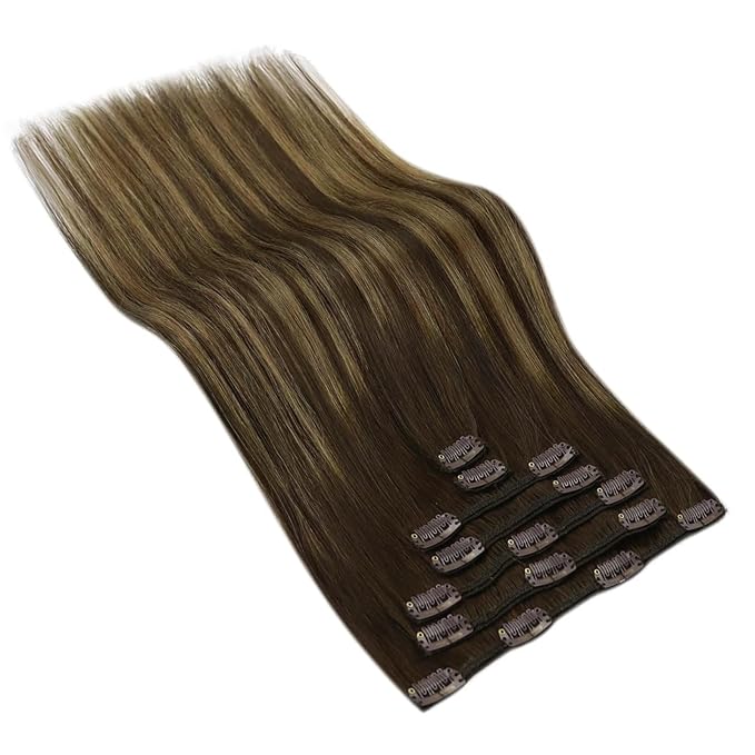 Ve Sunny Clip in Human Hair Extensions Dark Brown Balayage Caramel Blonde Human Hair Clip in Extensions 14inch Short Hair Extensions Real Human Hair Clip ins 100g 7Pcs