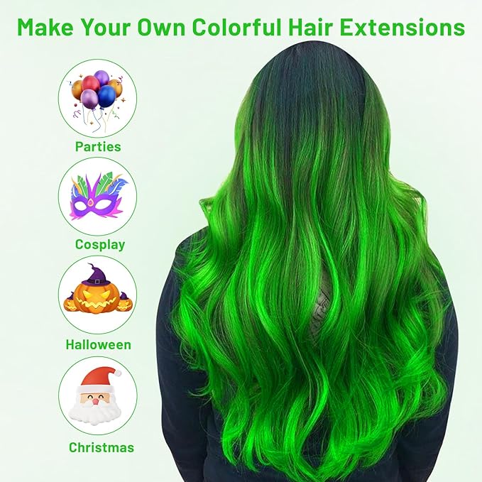 16 Pcs Colored Hair Extensions Curly Wavy Clip in Synthetic Hairpiece Streak,Colorful Hair Christmas New Year Cosplay Party Highlights for Girls Women Kids Gift(Neon Green)