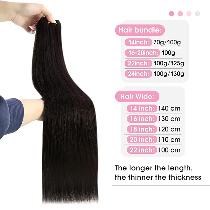 YoungSee Human Hair Sew in Extensions Darkest Brown Hand Tied Weft Hair Extensions Human Hair Dark Brown Sew in Hair Extensions Short Straight Hair 14Inch 70G