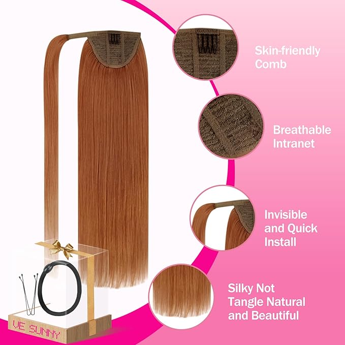 Ve Sunny Hair Extensions Ponytail Real Human Hair Wrap Around Clip in Ponytail Hair Extensions Straight Extensions Human Hair for Women Copper 20inch 80G