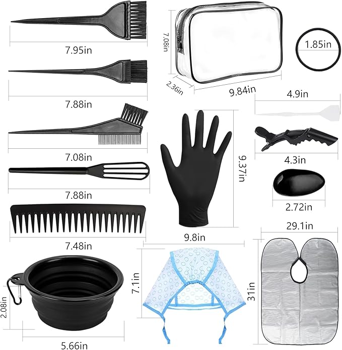 32Pcs Hair Dye Coloring Kit,Hair Dye Tools for DIY Salon.Hair Dye Brush and Bowl Set, with Dye Brush/Ear Cover/Gloves/Comb/Hairpin/Hair Coloring Cape(Black,B)